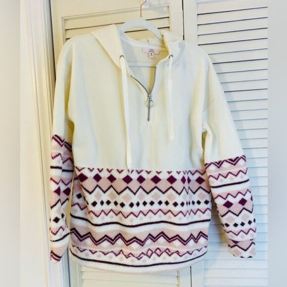 Como Vintage Tops - Como Vintage Cream & Burgundy Geometric Fleece Pullover Hoodie With Size M